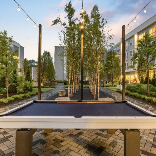 a table outside a building